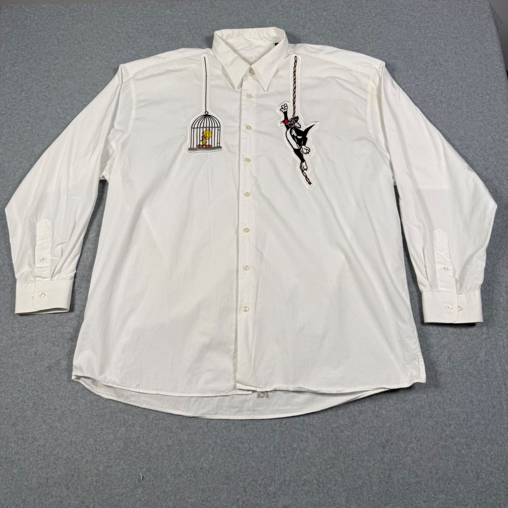 Vintage 90s Looney Tunes Jack Studio XL White Sylvester Tweety Embroidered Shirt